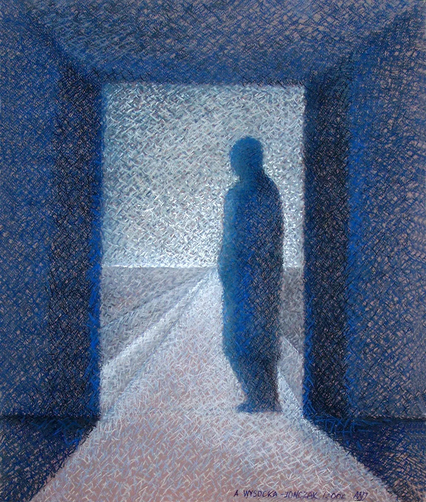 Droga II: una figura blu di spalle sulla soglia di una stanza, davanti a una strada bianca che scende verso chi guarda