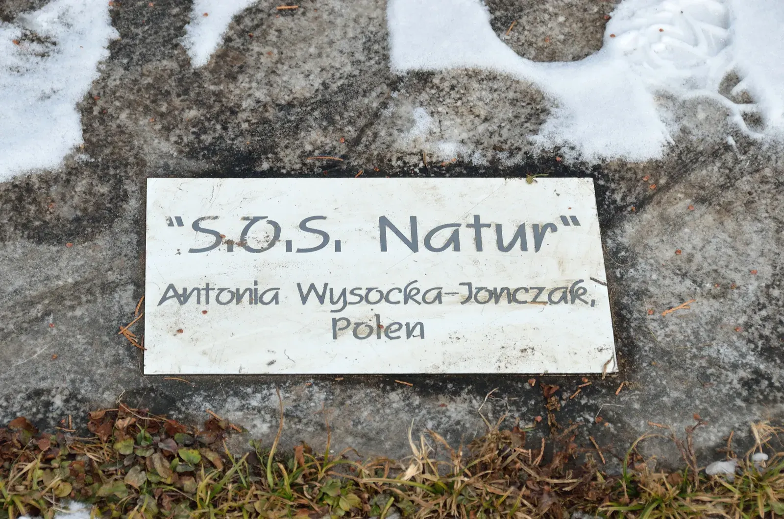 SoS-Natura — la targhetta posata sulla lastra: «"S.O.S. Natur" / Antonia Wysocka-Jonczak, Polen» — il nome inciso senza la seconda n