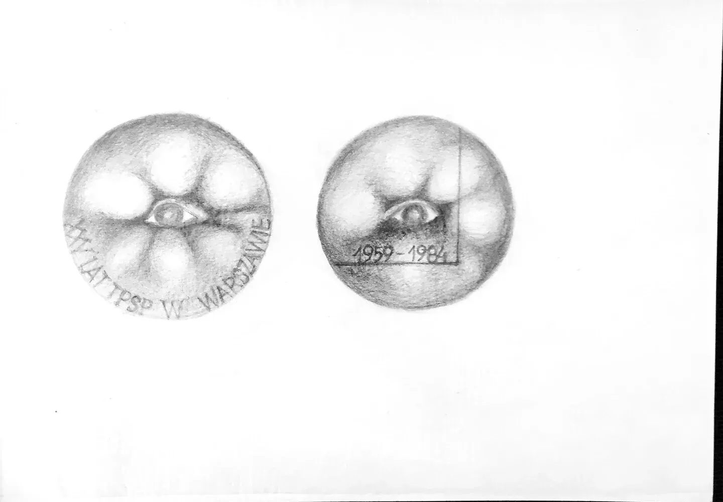 Medal 25 lat TPSP — Le due facce della redazione con l'occhio: «XXV LAT TPSP W WARSZAWIE» a sinistra, «1959 - 1984» a destra. Non è la redazione fusa.