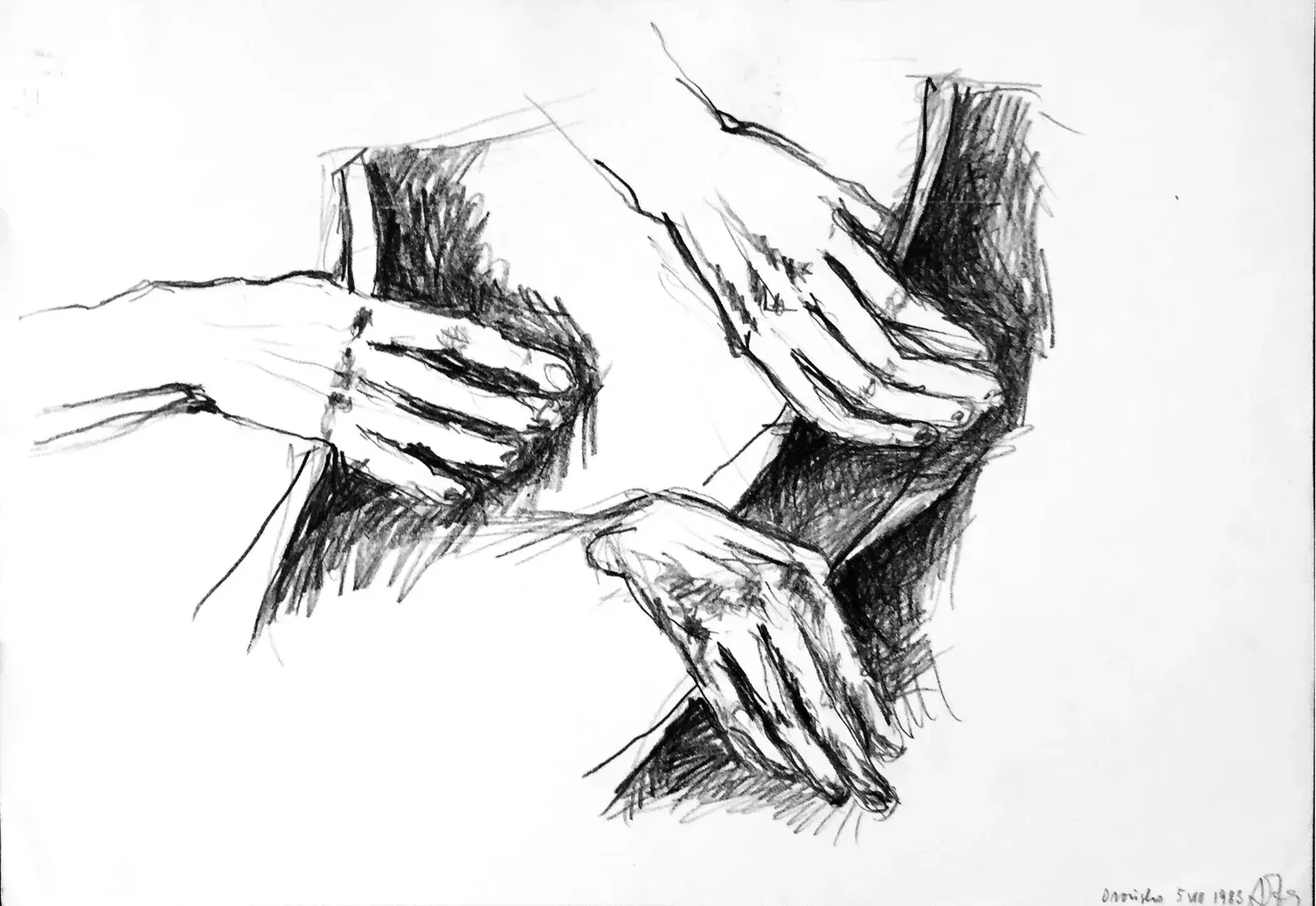Ręce — Tre mani su un fusto, disegnate dal vero a Orońsko il 5 dicembre 1985: le dita scavalcano lo spigolo del legno, come nel rovere di Moravany di quattordici anni prima.