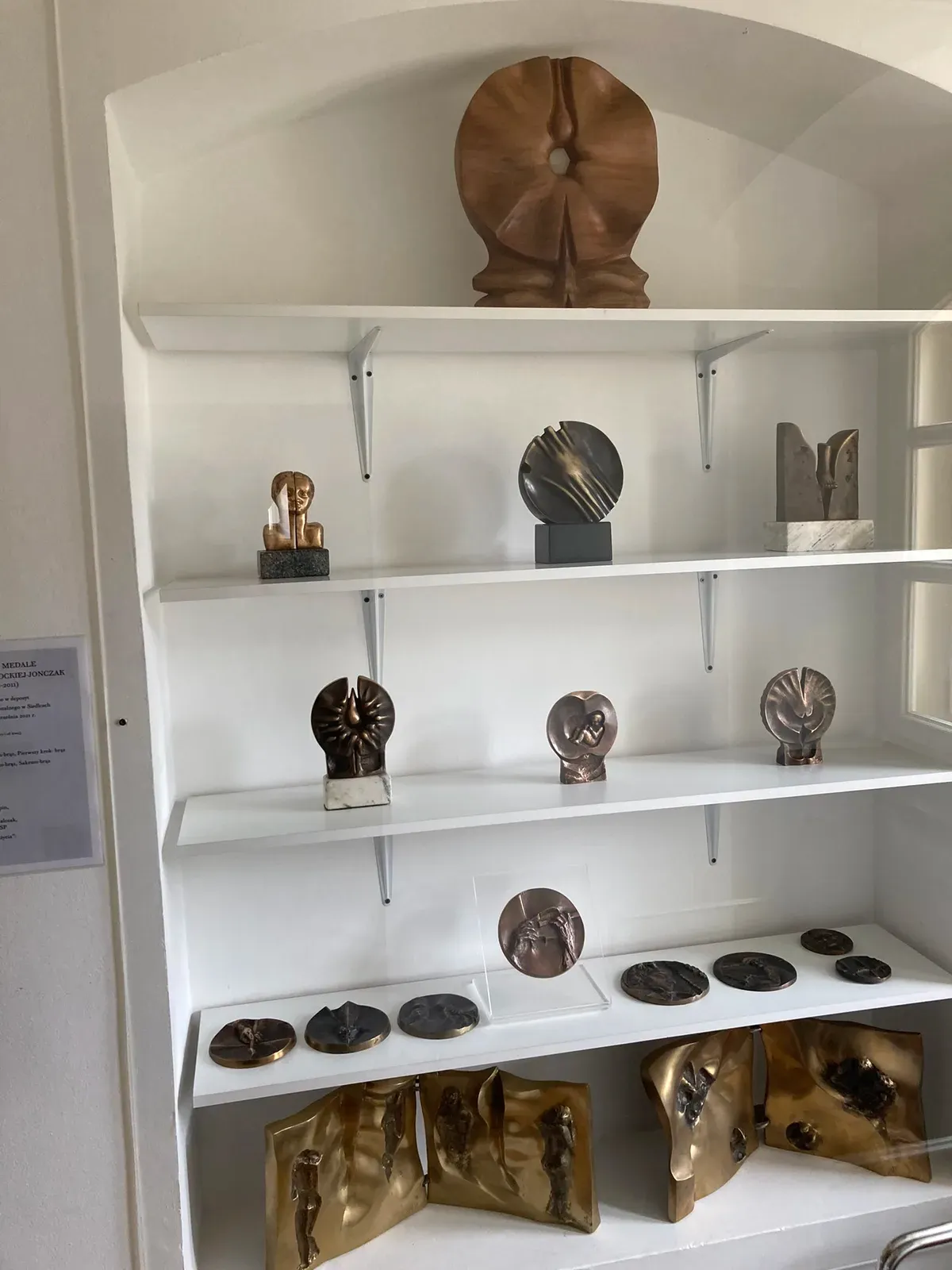 Scaffalatura bianca in una nicchia voltata con una ventina di piccoli bronzi: dischi a raggiera, una fila di medaglie, due bronzi a libro aperto.