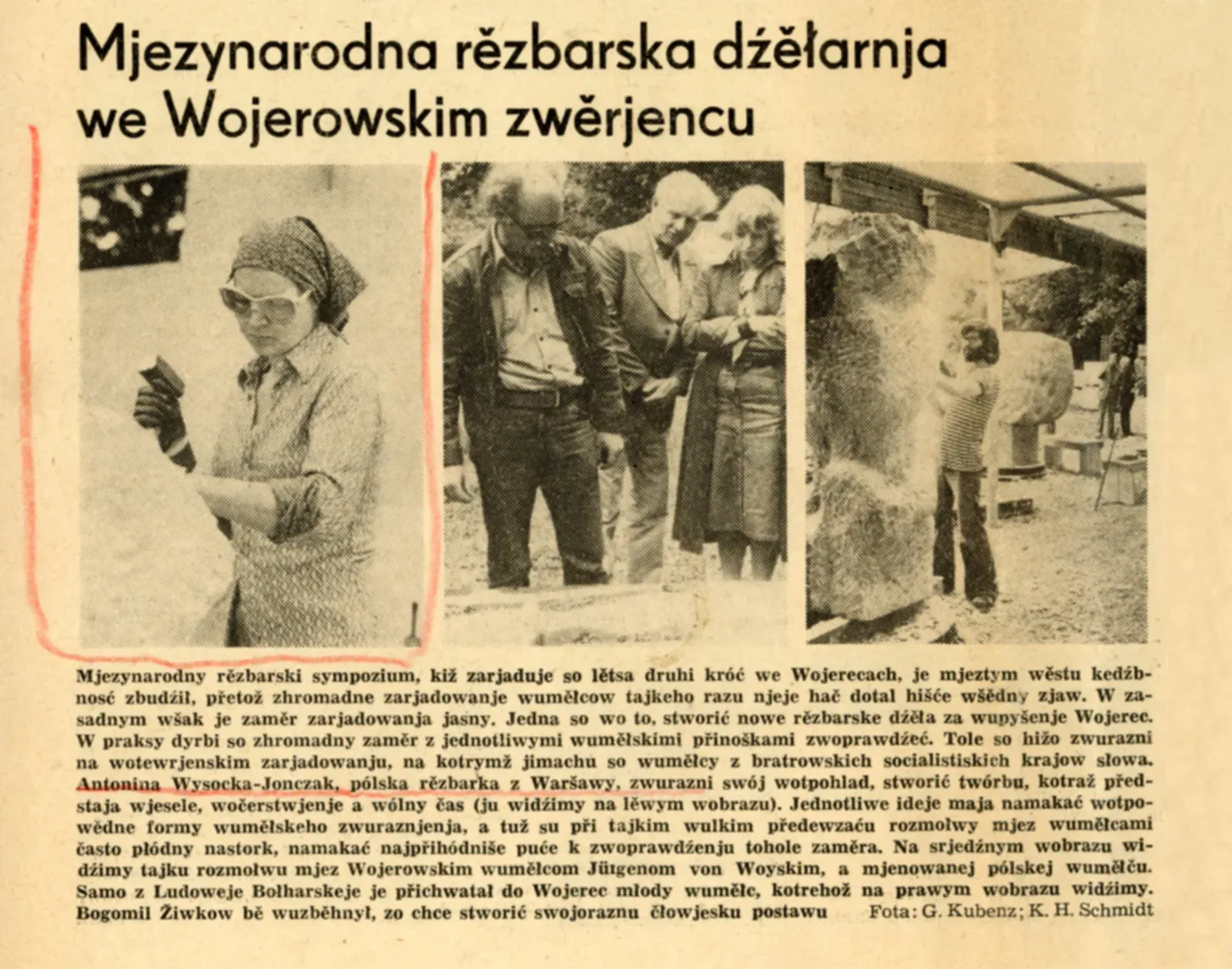 Ritaglio di giornale: «Mjezynarodna rězbarska dźěłarnja we Wojerowskim zwěrjencu», quotidiano in alto sorabo, 1977.