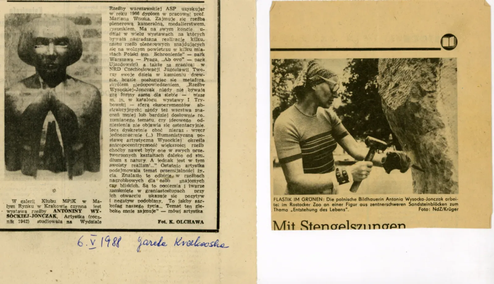 Ritaglio di giornale: «Wystawa rzeźby Antoniny Wysockiej-Jonczak», Gazeta Krakowska, 6 maggio 1988.