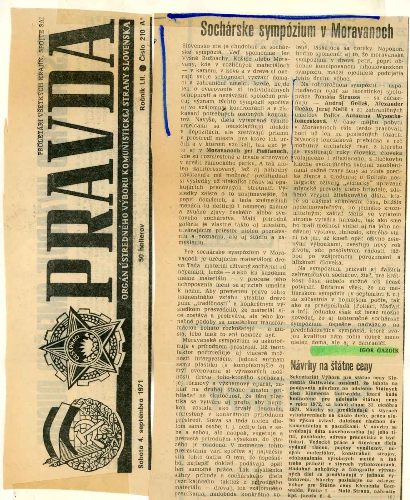 Ritaglio di giornale: «Sochárske sympózium v Moravanoch», Pravda, 4 settembre 1971.