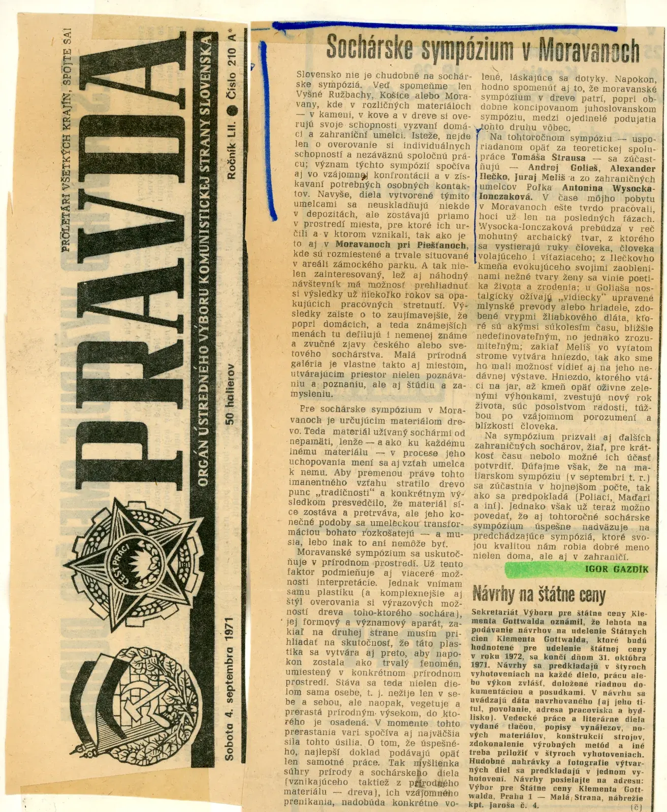 Ritaglio di giornale: «Sochárske sympózium v Moravanoch», Pravda, 4 settembre 1971.