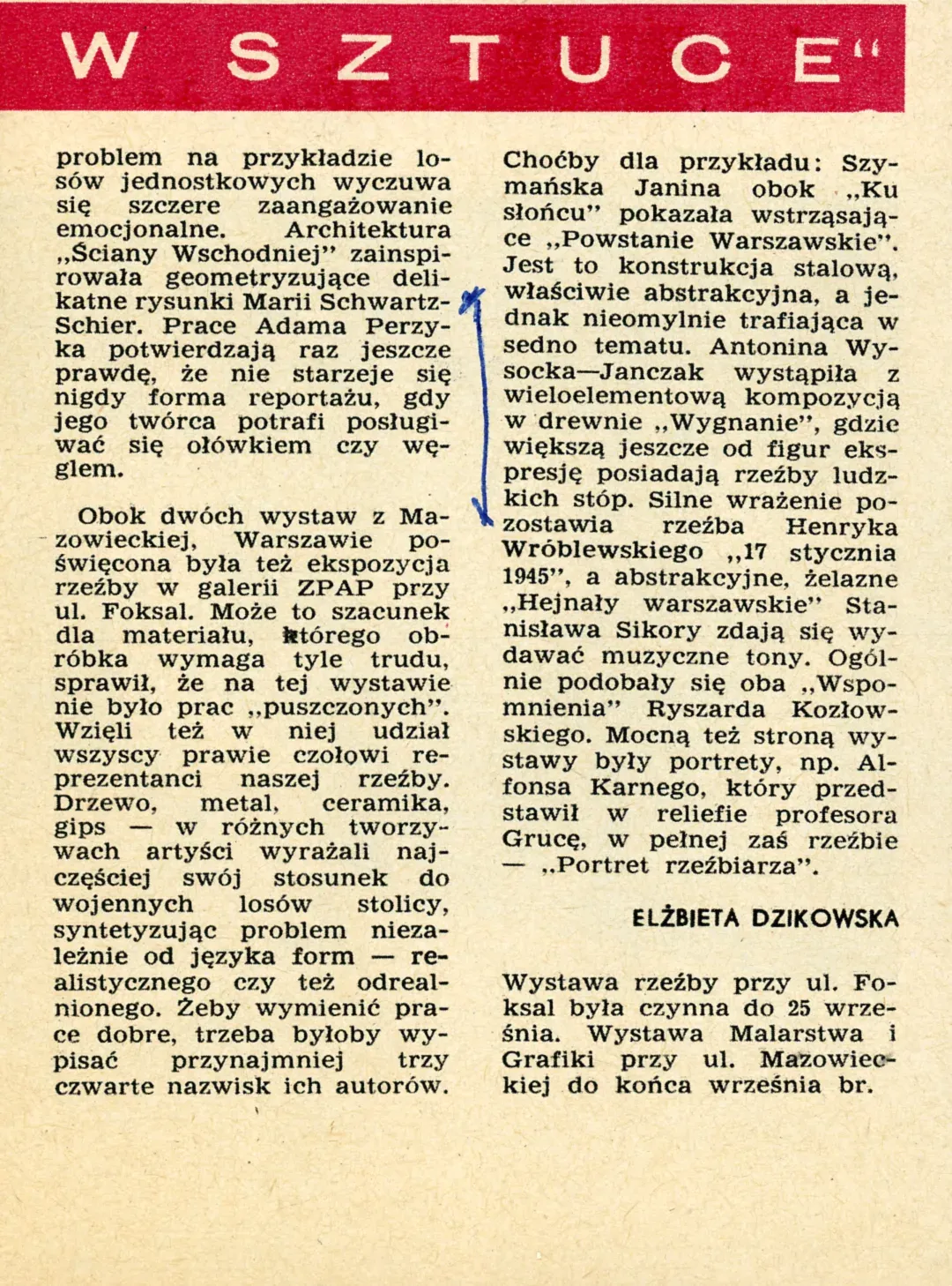 Ritaglio di giornale: «Warszawa w sztuce», Stolica, 26 ottobre 1969.