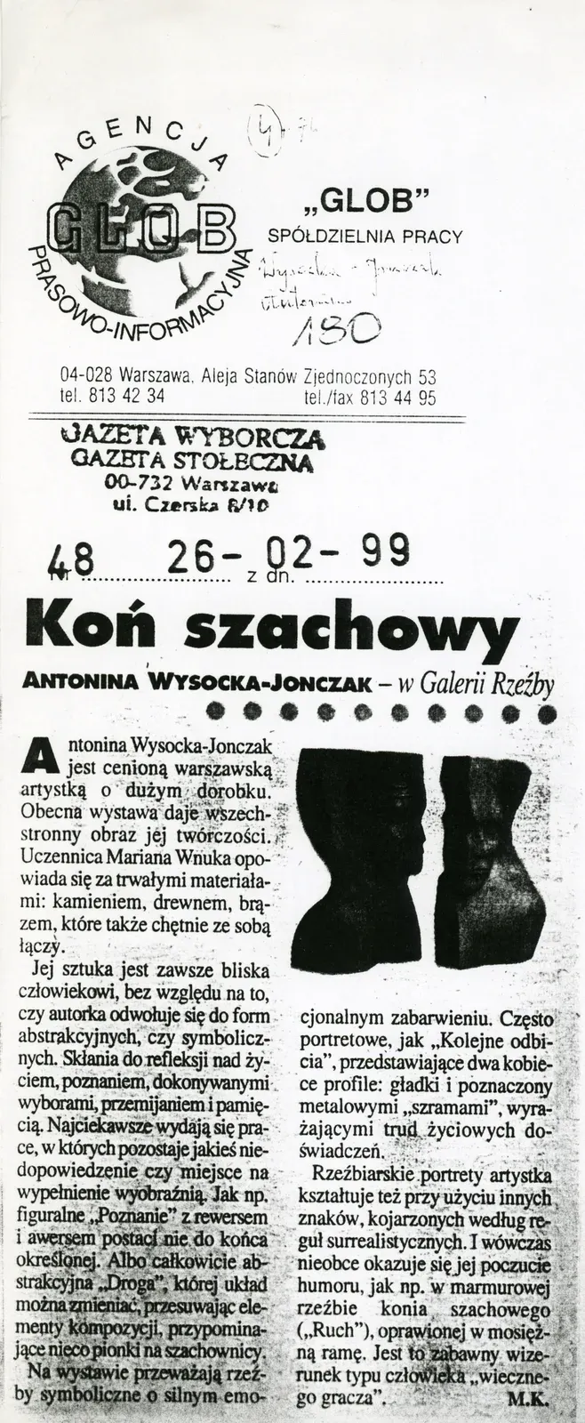 Ritaglio di giornale: «Koń szachowy», Gazeta Wyborcza, 26 febbraio 1999.