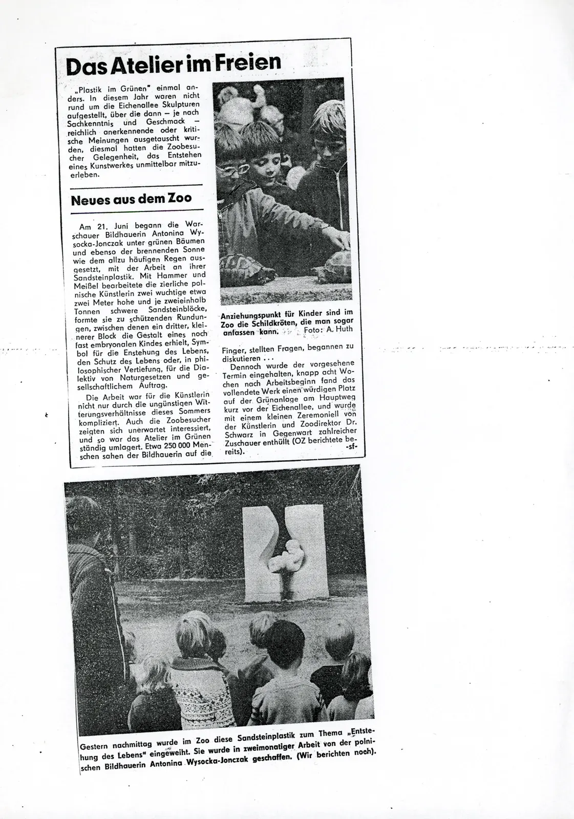 Ritaglio di giornale: «Das Atelier im Freien / Neues aus dem Zoo», quotidiano della Germania Est, agosto 1978. In basso, la scultura appena inaugurata e un gruppo di bambini che la guarda.