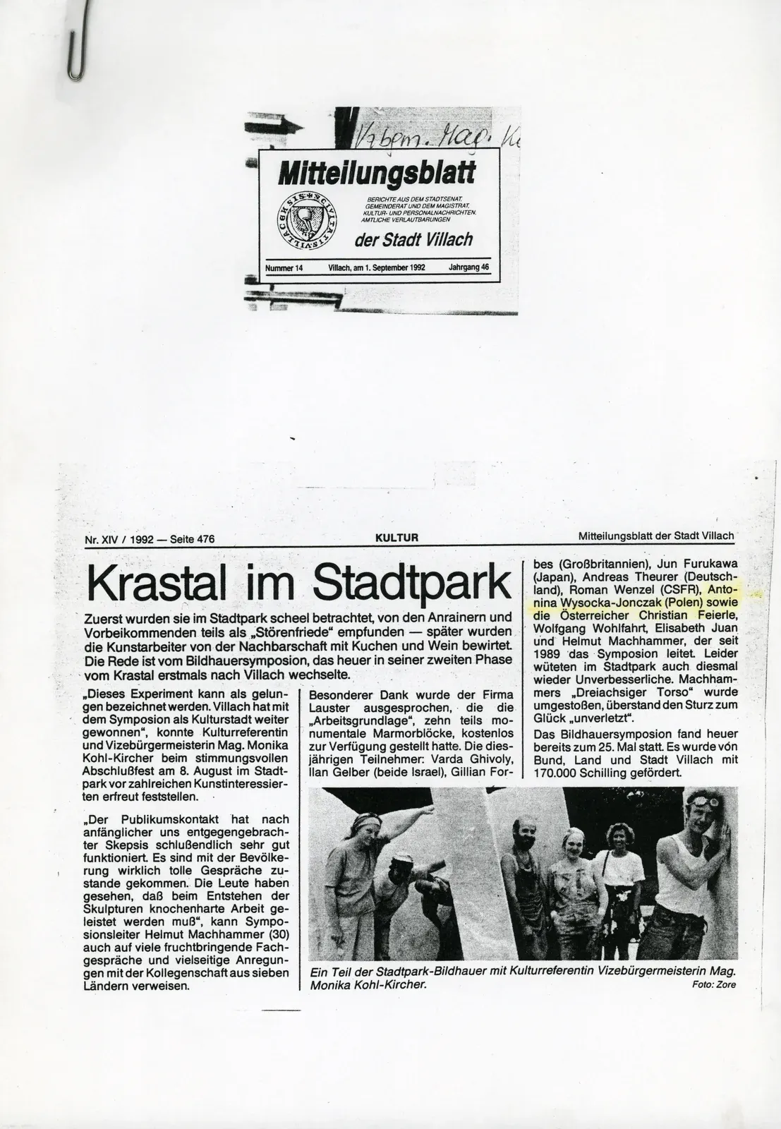 Ritaglio di giornale: «Krastal im Stadtpark», Mitteilungsblatt der Stadt Villach, 1 settembre 1992.