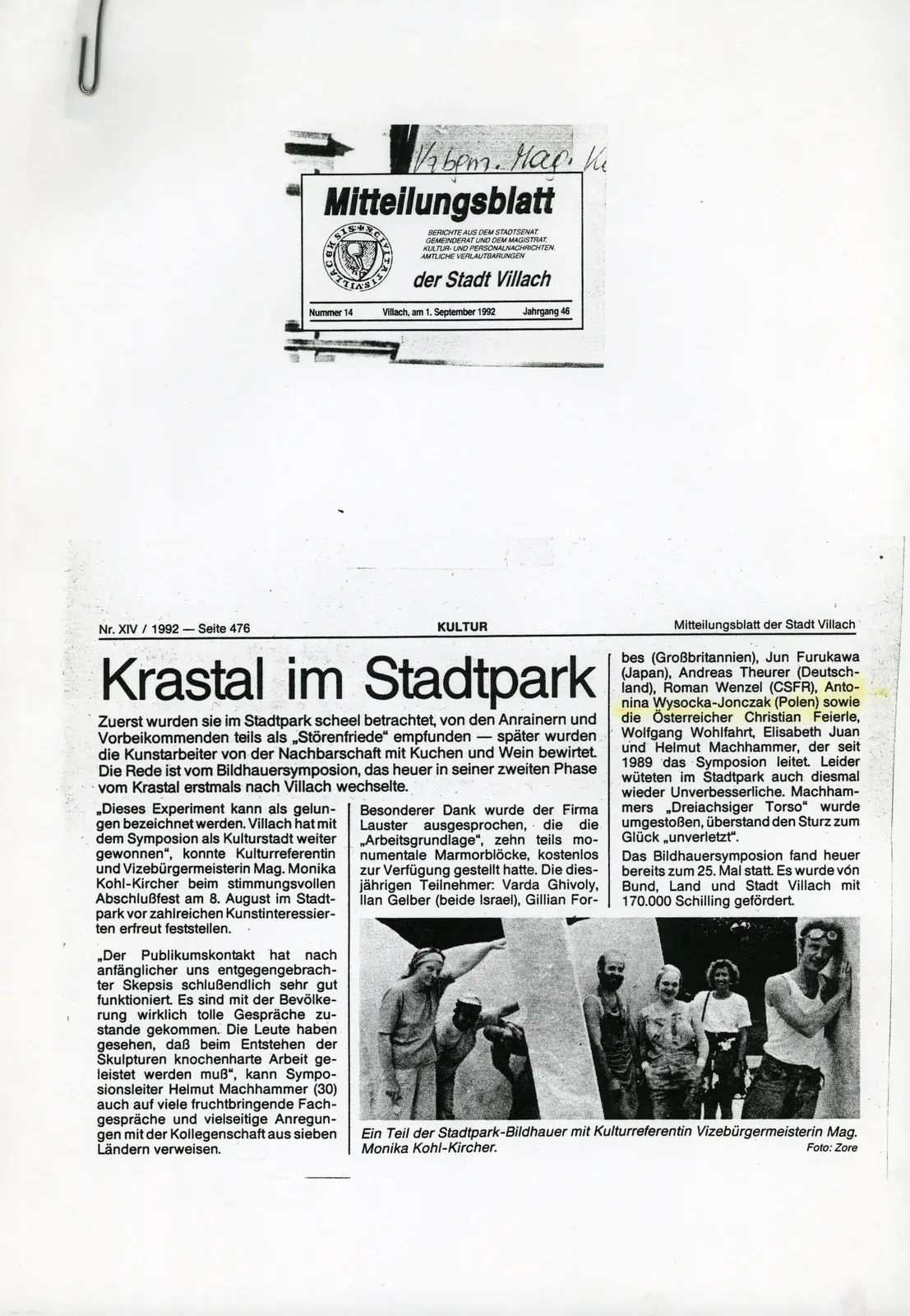 Ritaglio di giornale: «Krastal im Stadtpark», Mitteilungsblatt der Stadt Villach, 1 settembre 1992.