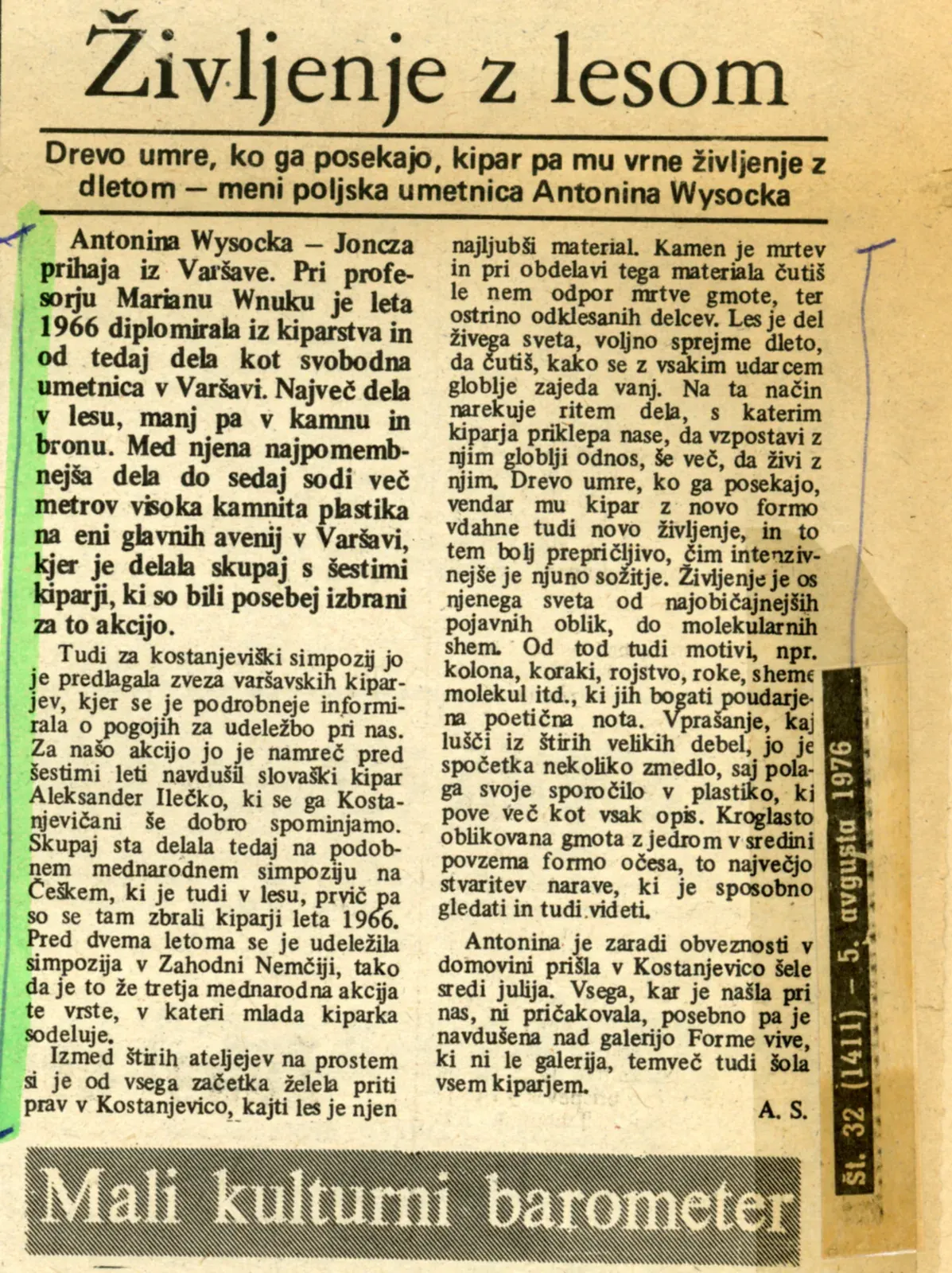 Ritaglio di giornale: «Življenje z lesom», settimanale sloveno, 5 agosto 1976.
