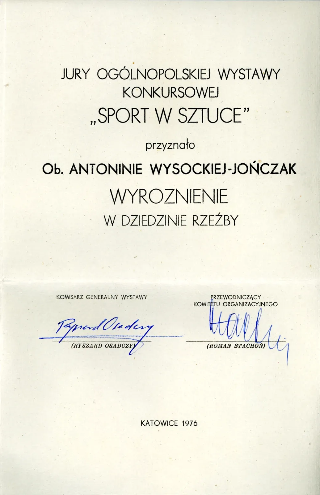 Attestato di menzione nel campo della scultura alla mostra nazionale «Sport w Sztuce», Katowice 1976, con firme a inchiostro blu.