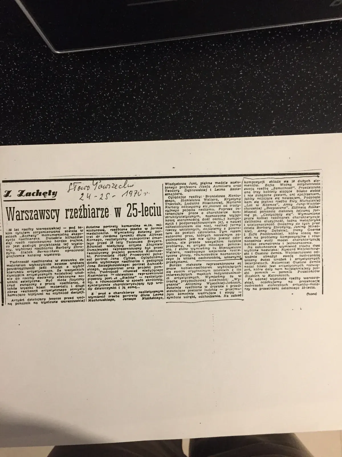Ritaglio di giornale: «Warszawscy rzeźbiarze w 25-leciu», Słowo Powszechne, 24 aprile 1970.