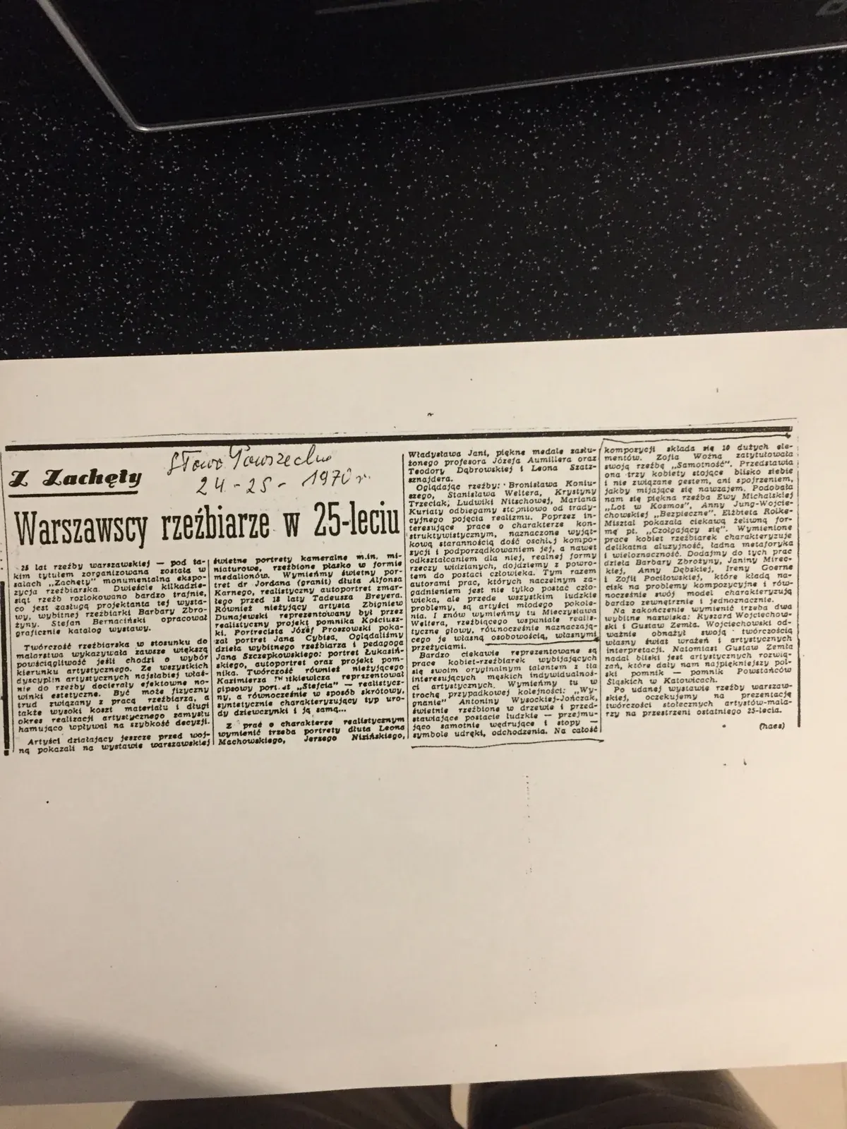 Ritaglio di giornale: «Warszawscy rzeźbiarze w 25-leciu», Słowo Powszechne, 24 aprile 1970.