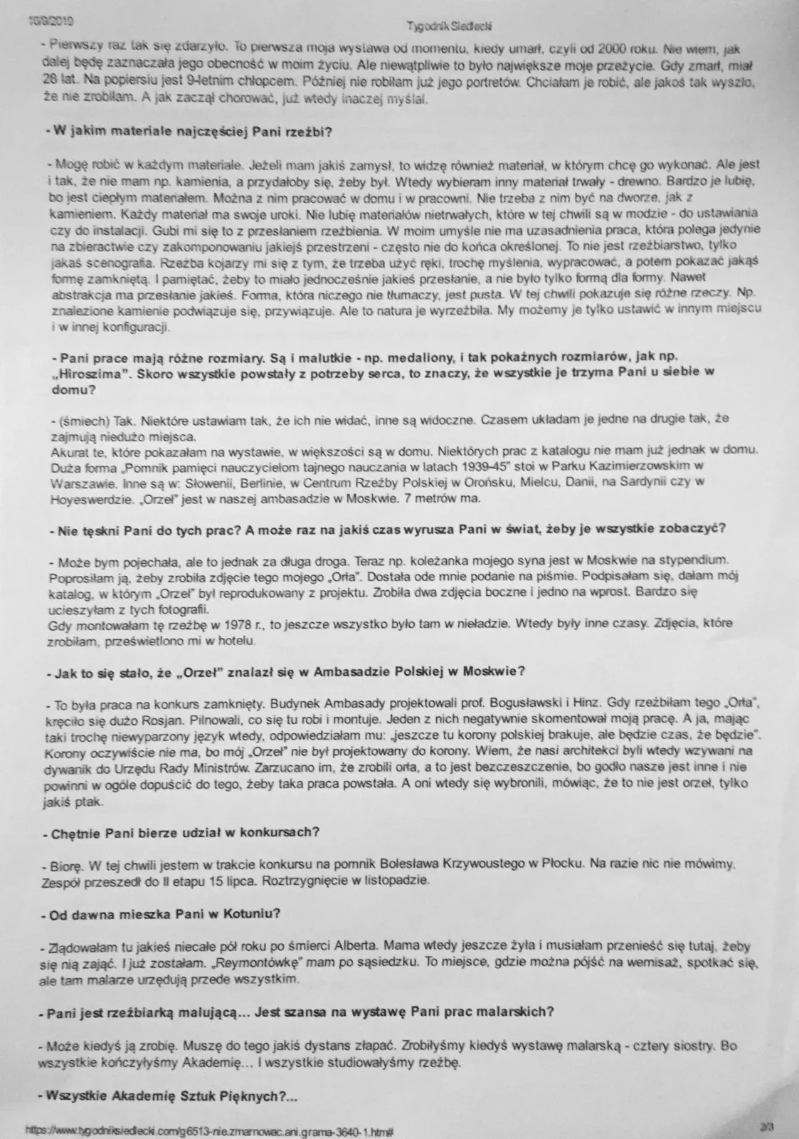 Pagina dell’intervista ad Antonina sul Tygodnik Siedlecki: i materiali, le opere nel mondo e la storia dell’aquila per l’Ambasciata polacca di Mosca.