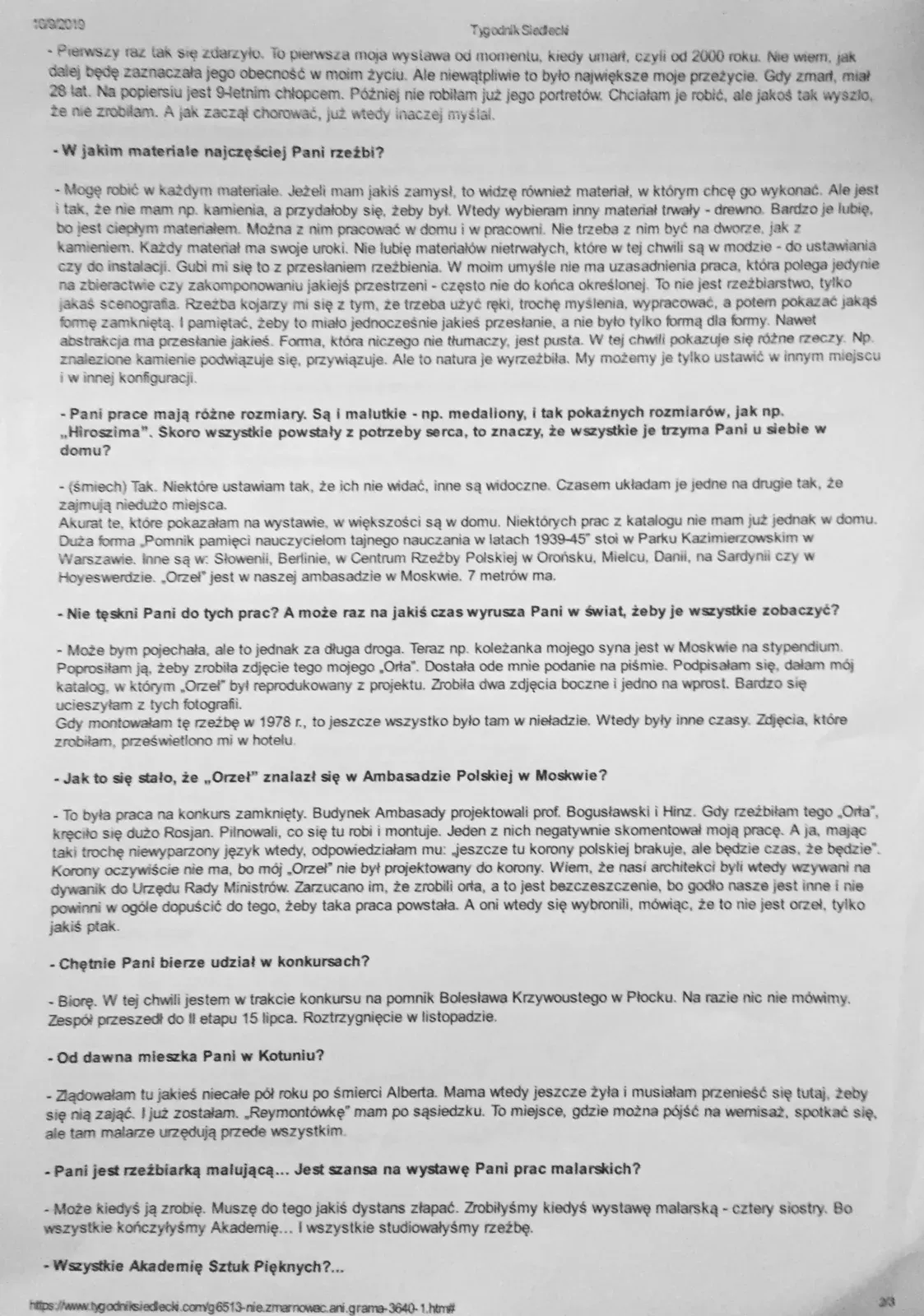 Pagina dell’intervista ad Antonina sul Tygodnik Siedlecki: i materiali, le opere nel mondo e la storia dell’aquila per l’Ambasciata polacca di Mosca.